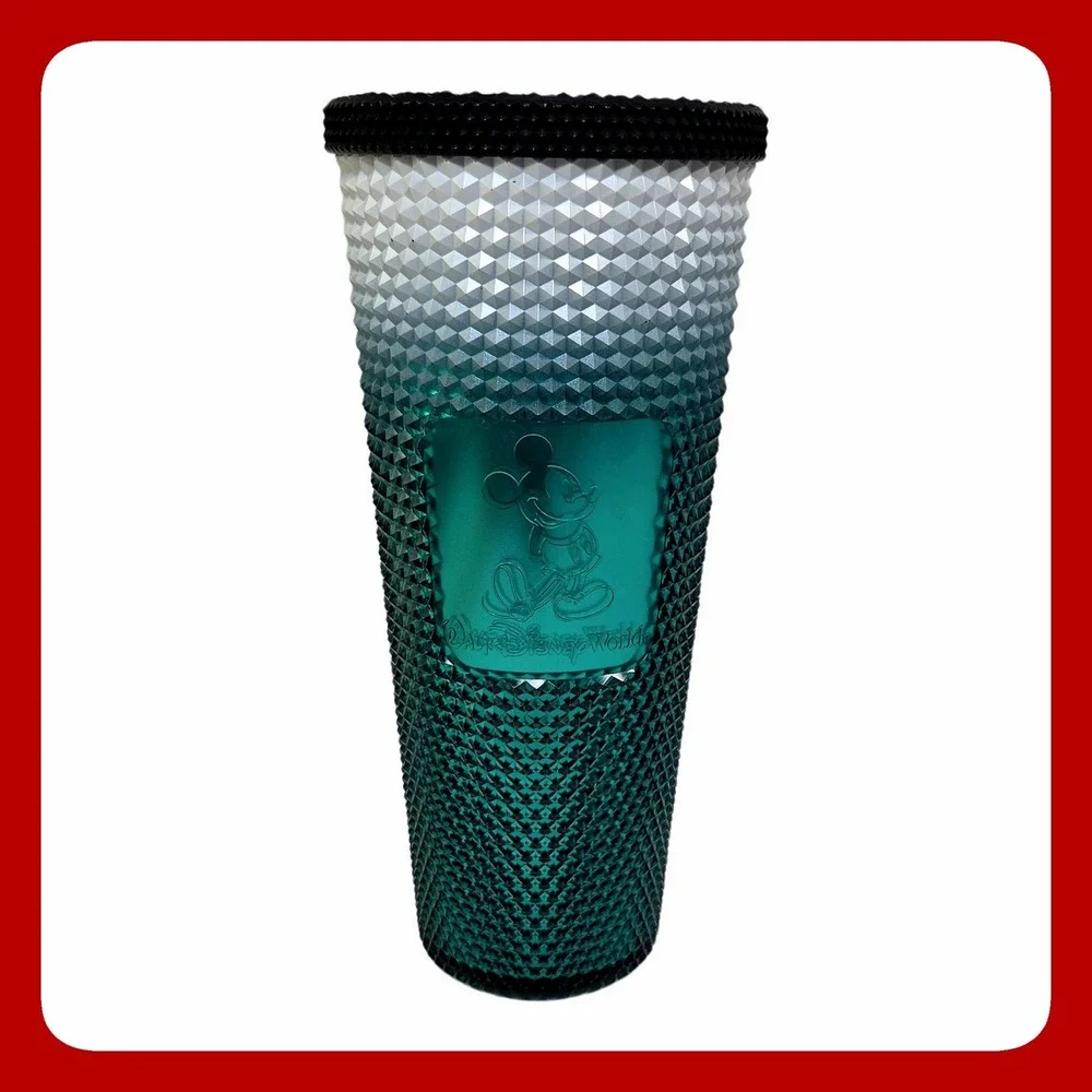 Disney Starbucks Mickey Mouse Teal Ombre Studded Cold Cup Tumbler 24oz EUC